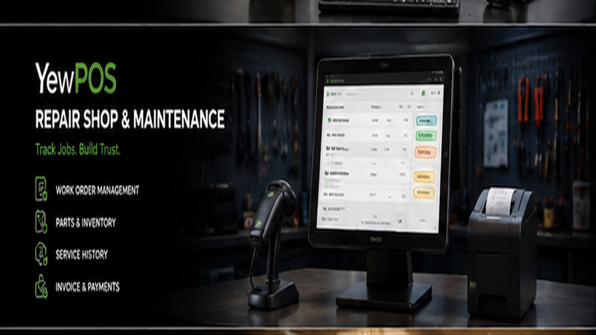 YewPOS repair shop work order and parts inventory screen