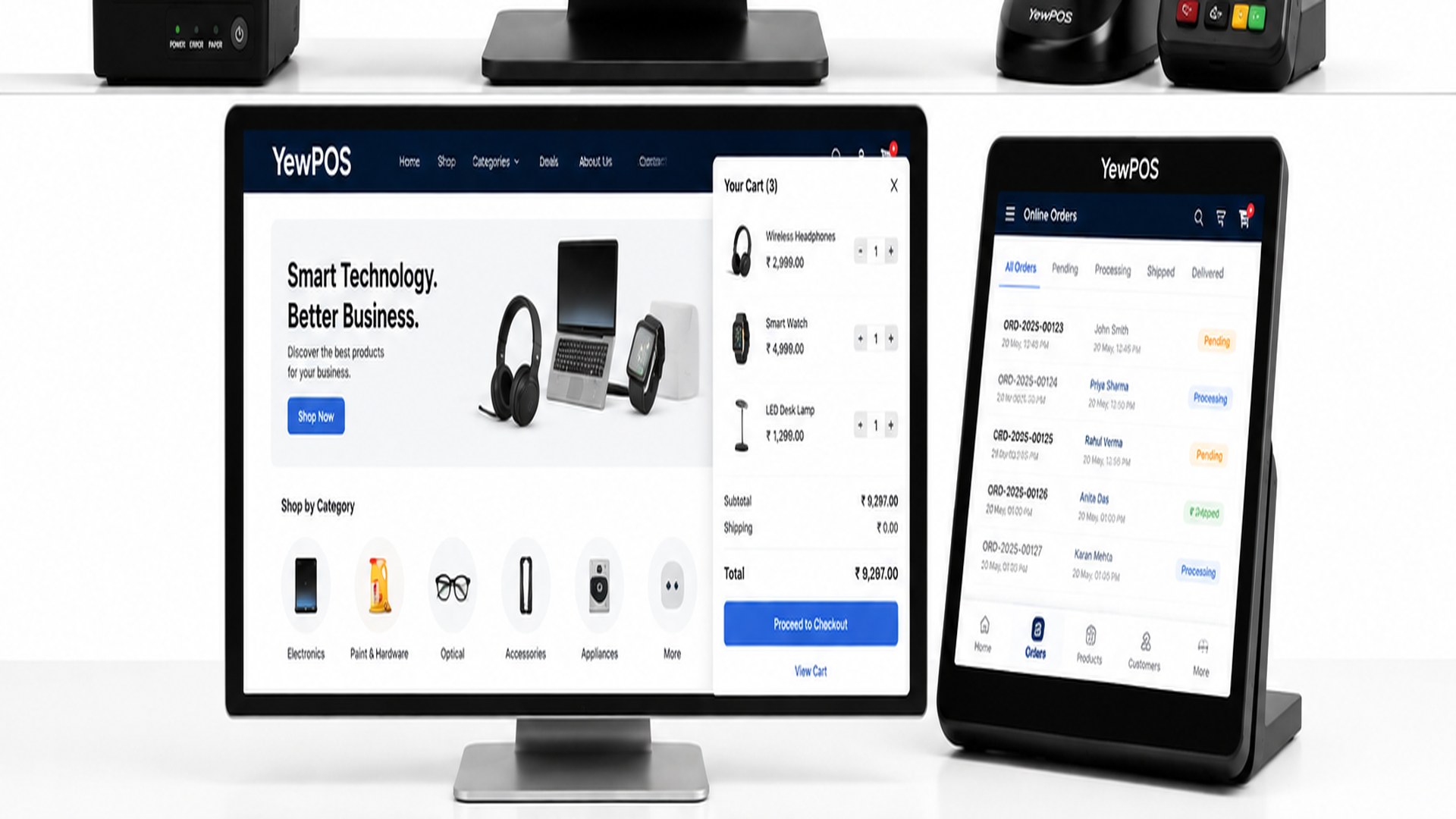 YewPOS specialty retail ecommerce storefront showing electronics, optical and hardware category browsing with live cart